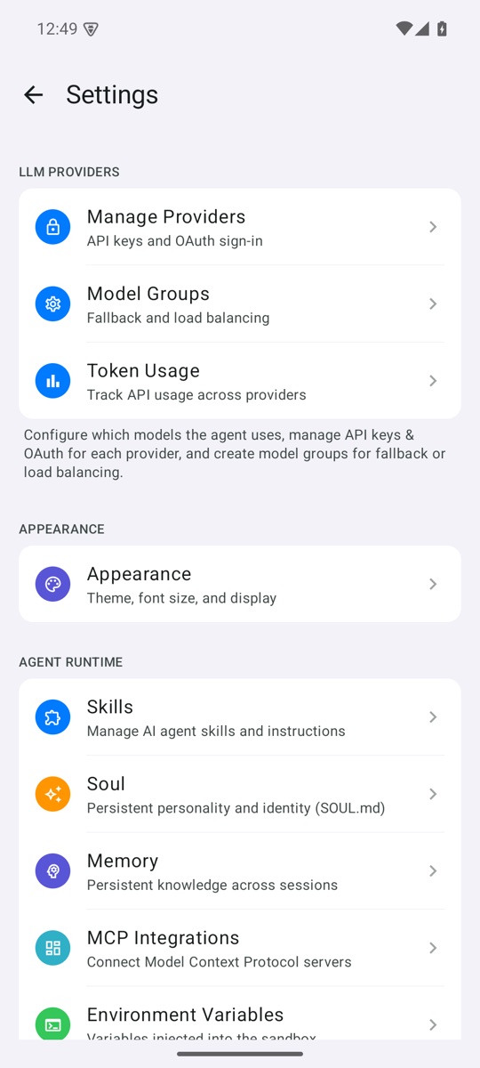 Settings — providers, agent runtime, appearance